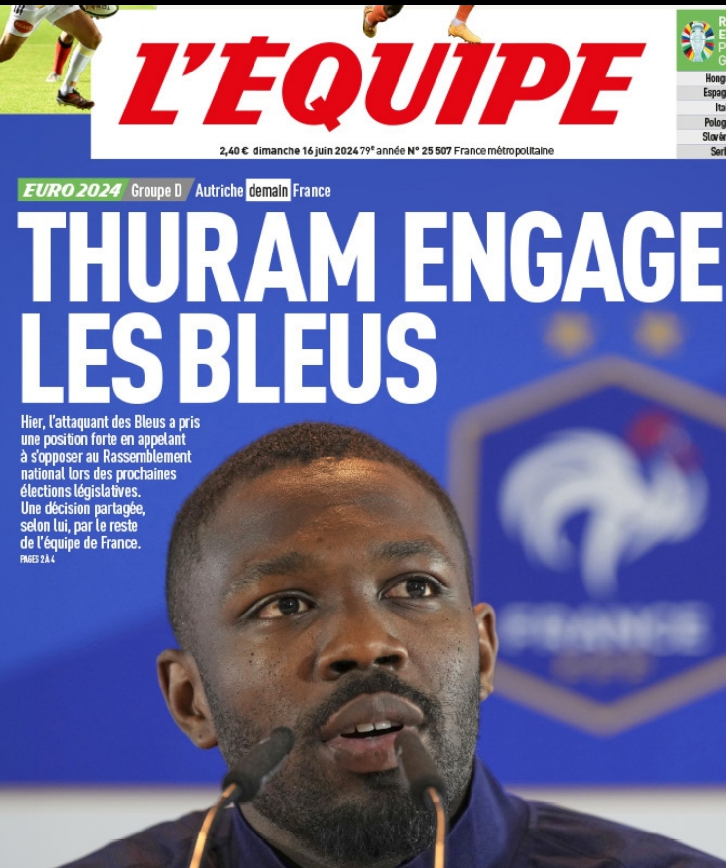 La prima pagina de L'Equipe con l'appello di Marcus Thuram ai francesi a correre al voto per fermare l'avanzare della destra in Francia